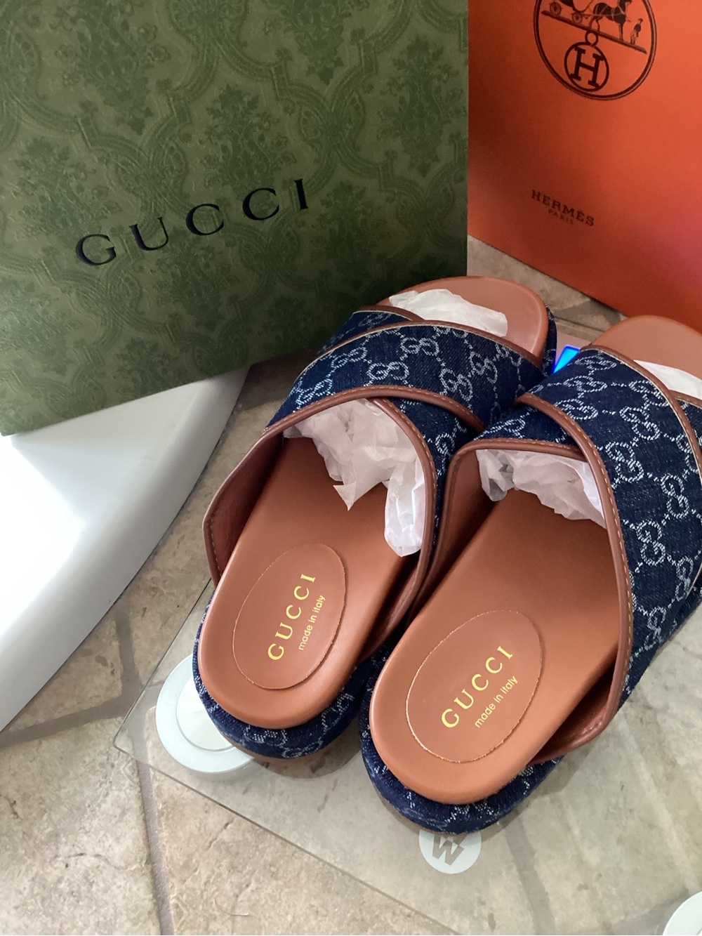 Gucci Denim GG Logo Platform Slides in Blue & Brown Leather - Picture 5 of 5